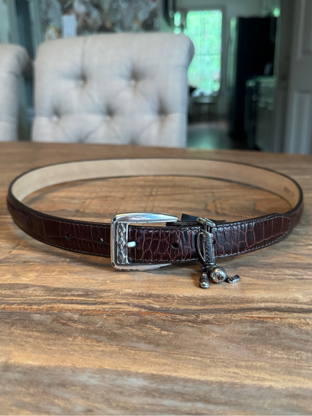Brighton Golf Charms Brown Croc Embossed Leather Thin Belt Silver Buckle L / 34”